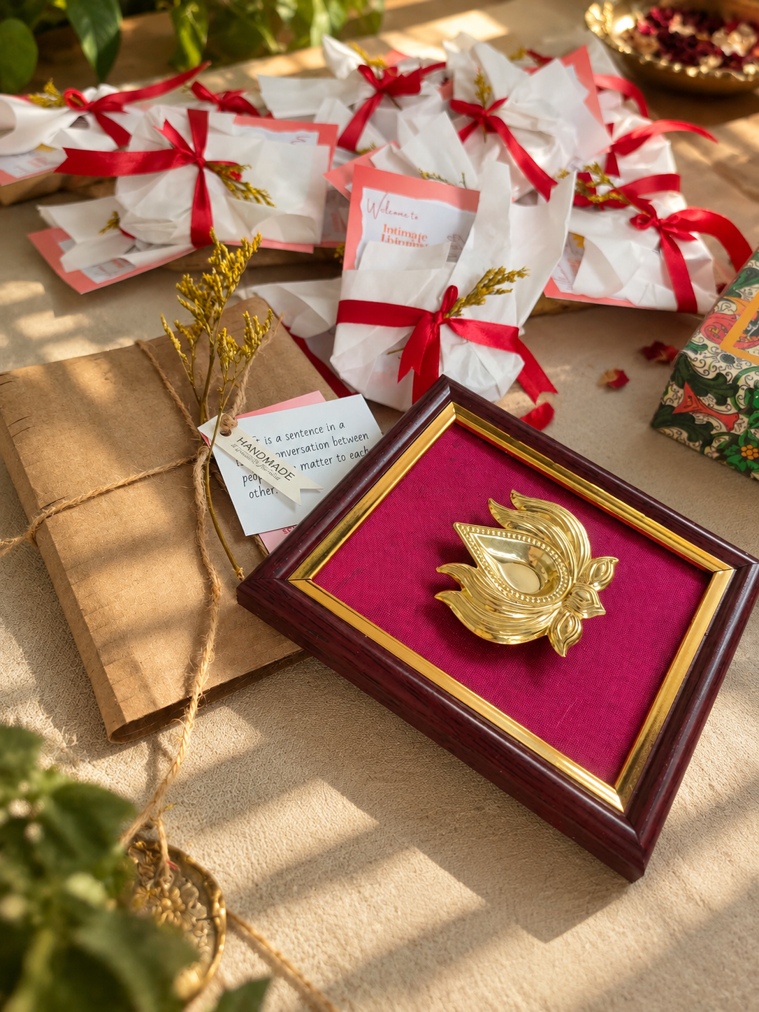 Handcrafted keepsake surrounded by wrapped guest gifts