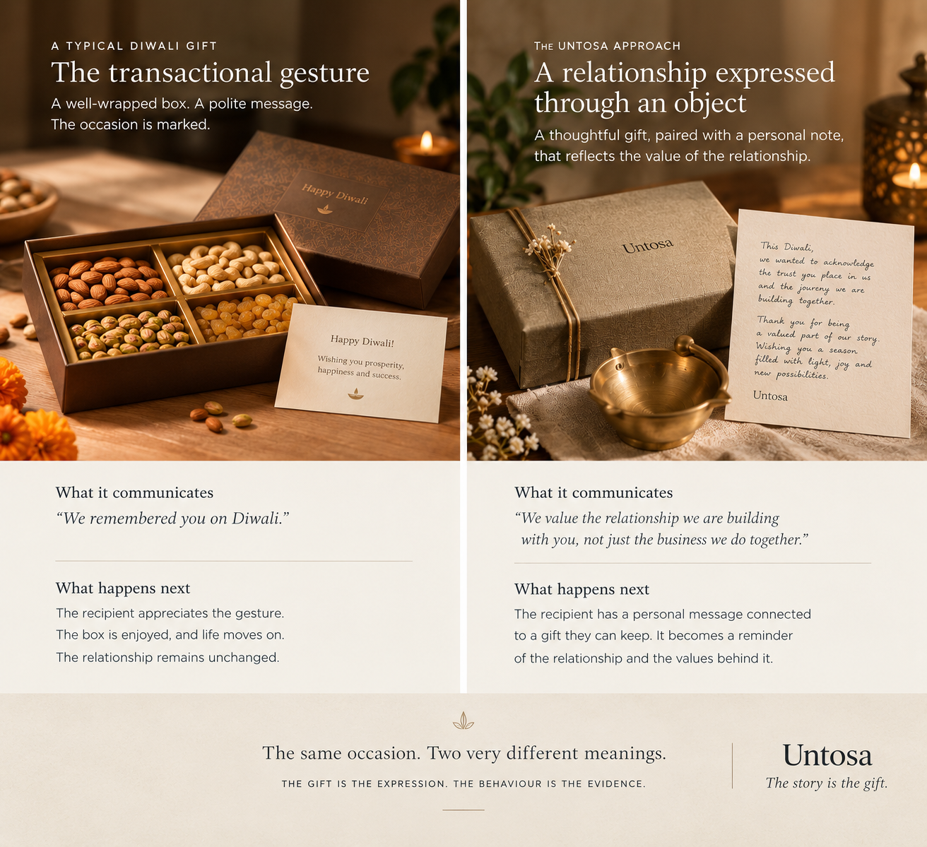A typical Diwali gift box compared with the Untosa approach: a keepsake paired with a personal note