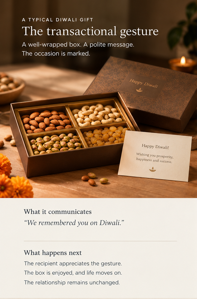 A typical Diwali gift — the transactional gesture: a wrapped box with a generic card