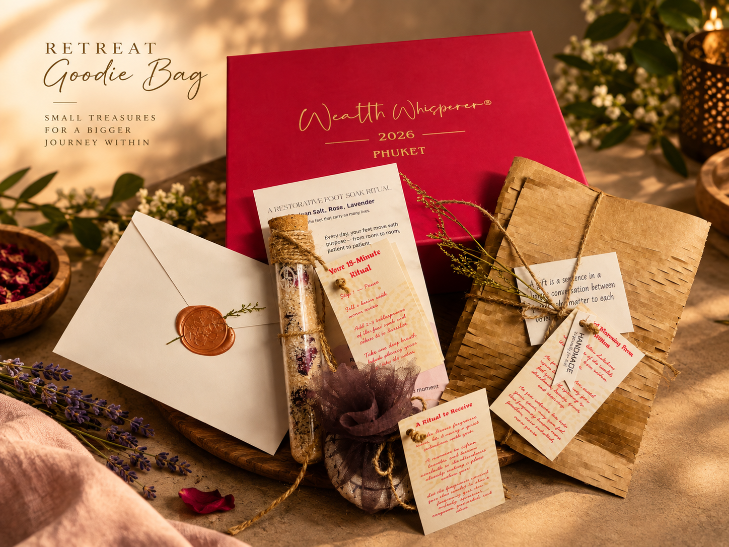 Retreat goodie bag with handwritten notes and wrapped keepsakes