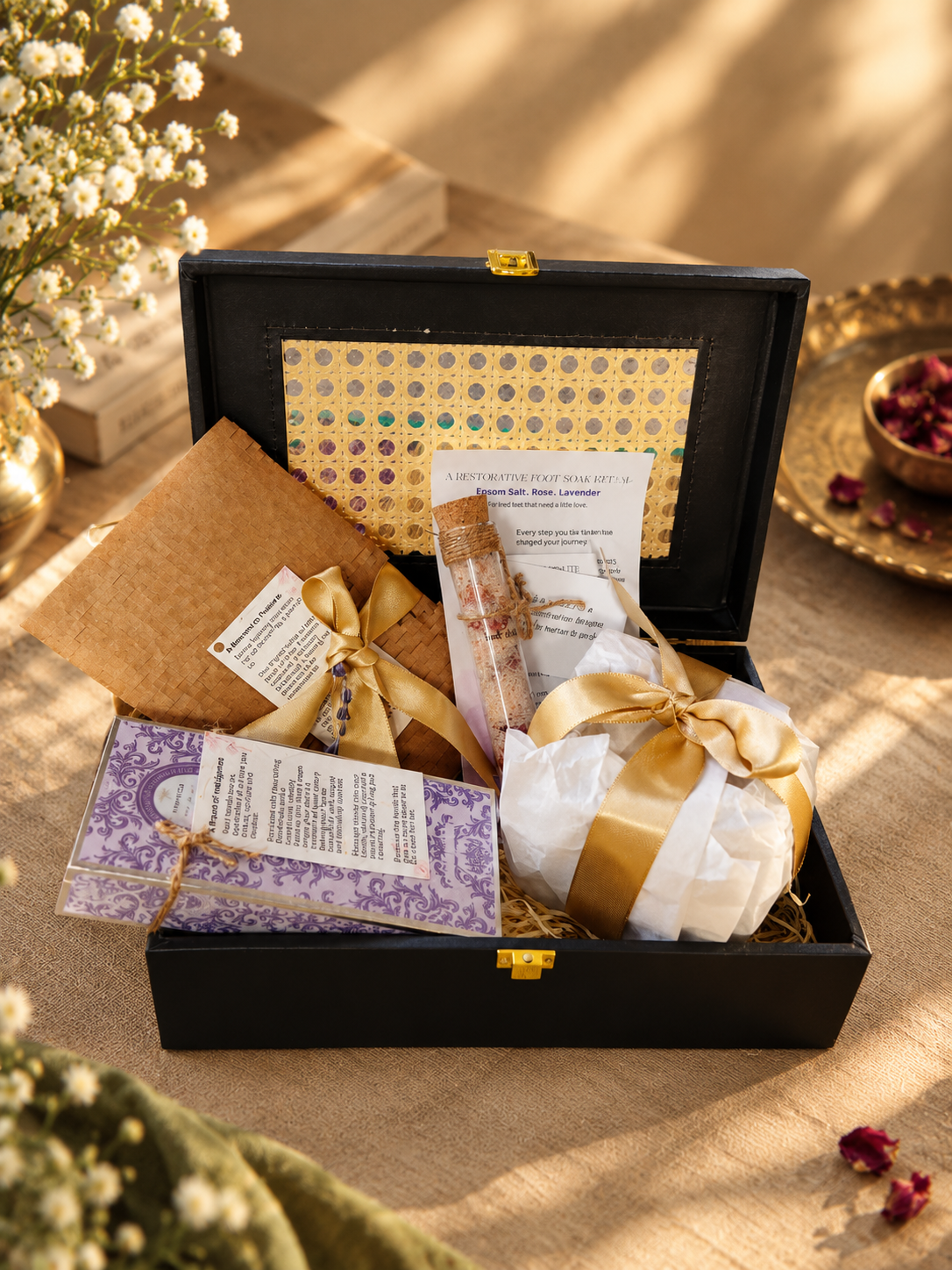 Restorative gift box with gold ribbon and handwritten cards